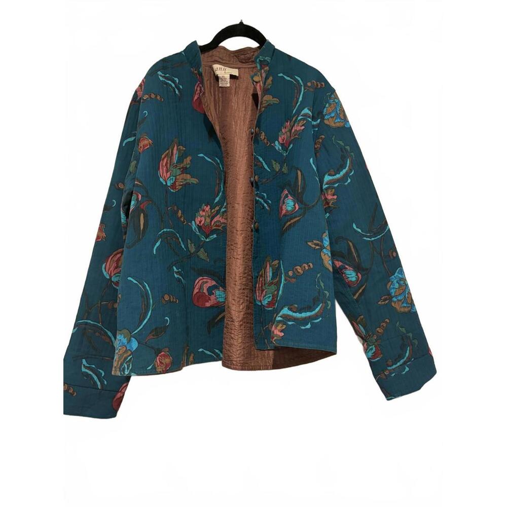 Anu by Naturals silk/cotton blend green floral button down jacket sz L #1492 - Picture 1 of 2